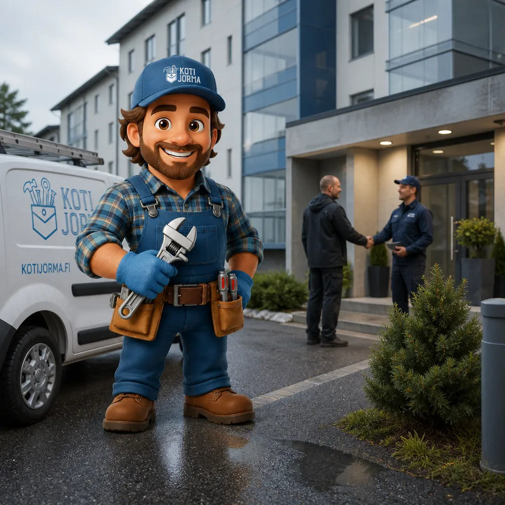 Jorma taloyhtiön pihassa pakettiautonsa vierellä, taustalla huoltomies kädenpuristuksessa