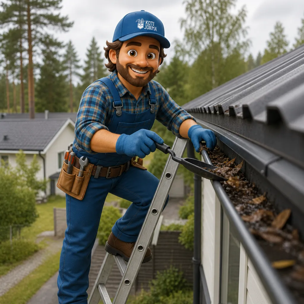 Jorma puhdistaa lehdet rännistä tikkailta käsin