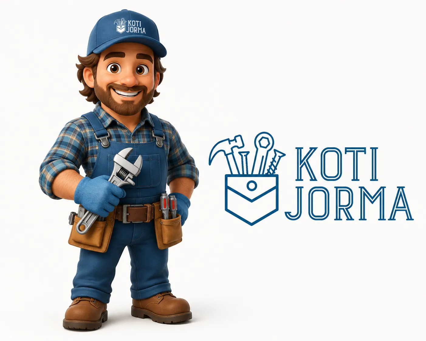KotiJorman brändihahmo Jorma työkaluvyö vyöllä, vieressä KotiJorma-logo